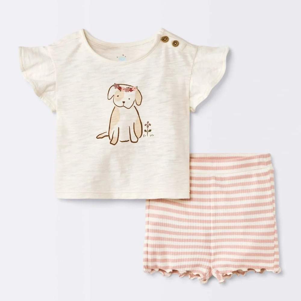 Baby Girls' 2pc Dog Floral T-Shirt Shirt & Bike Shorts Set - Cloud Island™ Cream